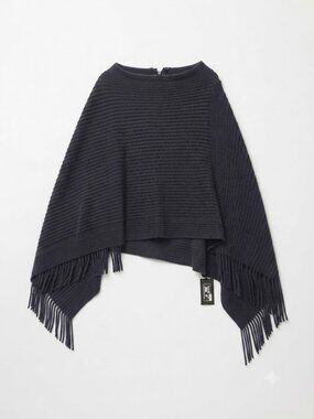 Fringed Rib-Knit Poncho in Dark Navy